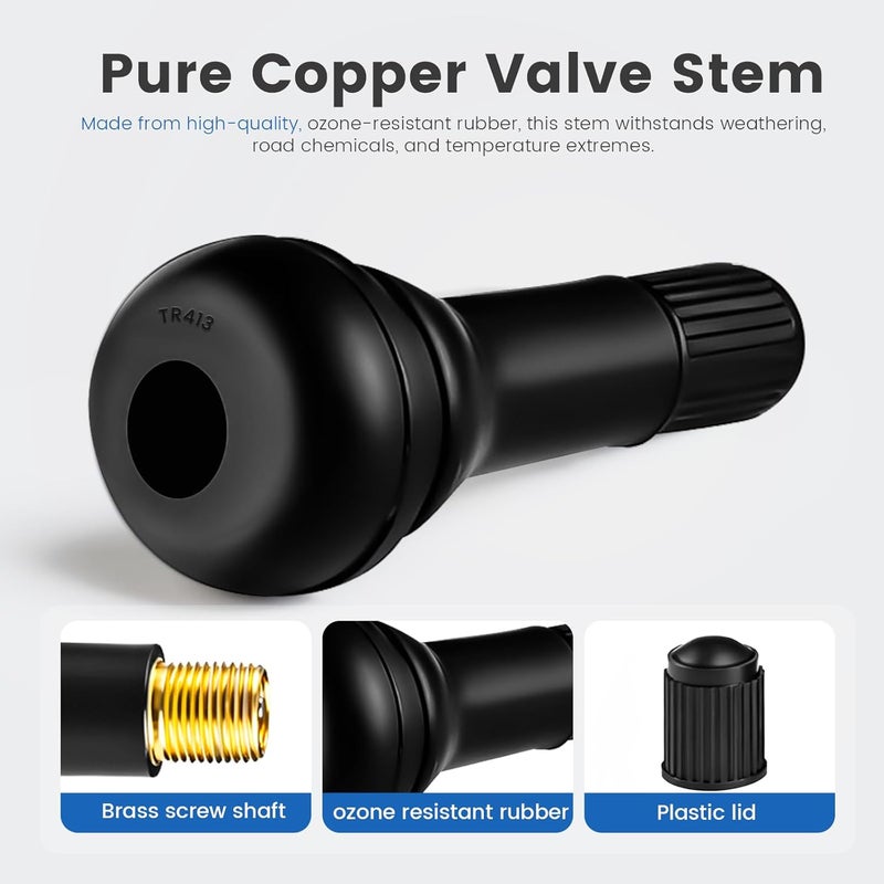 caqeg 25pcs TR413 Tire Valve Stem - Rubber Snap-in Valves, Tubeless Valve Stems Suit for 0.453 inch Rim Holes on Standard Vehicle Tires - Image 4